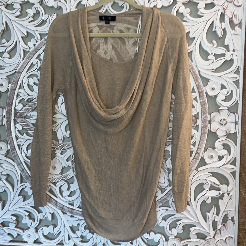 Sisters Womens Cowl Neck Tan Lightweight Sheer Linen Blend Sweater sz L / XL EUC